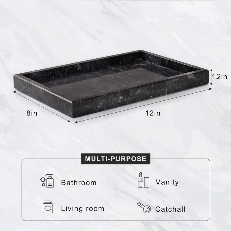 Homaura Marble Bathroom Tray for Countertop & Home Decor, Natural Decorative Marble Tray for Jewelry & Perfume Organizer, Luxury Stone Vanity Trays for Dresser, Kitchen Counter, 12" x 8", Gray Black - Image 3
